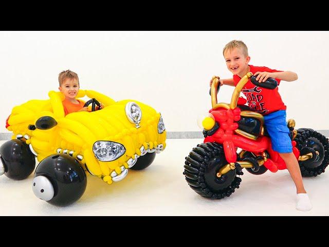 Vlad and Niki pretend play with toy car from balloons