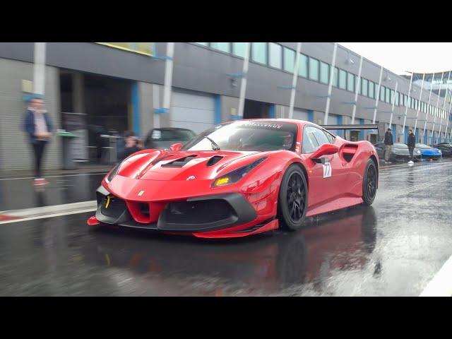 Ferrari 488 Challenge EVO - Start Up, Full Throttle in Heavy Rain, Fly-By, LOUD Revs Etc!!