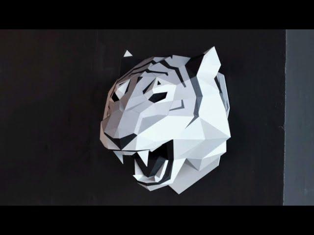 Papecraft Sculpture of Tiger Head. Hyperlapse of Assembling