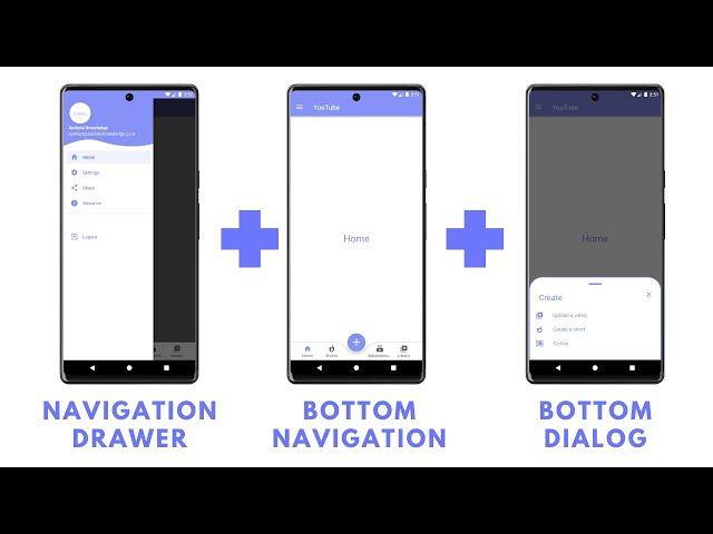 Navigation Drawer + Bottom Navigation + Bottom Sheet Dialog in Android Studio | All in one app | UI