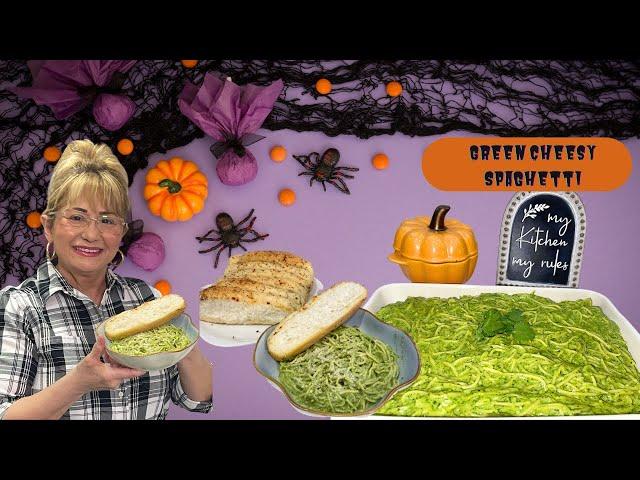 Cheesy Green Spaghetti Pasta Great Dinner for Halloween Foodies 2023