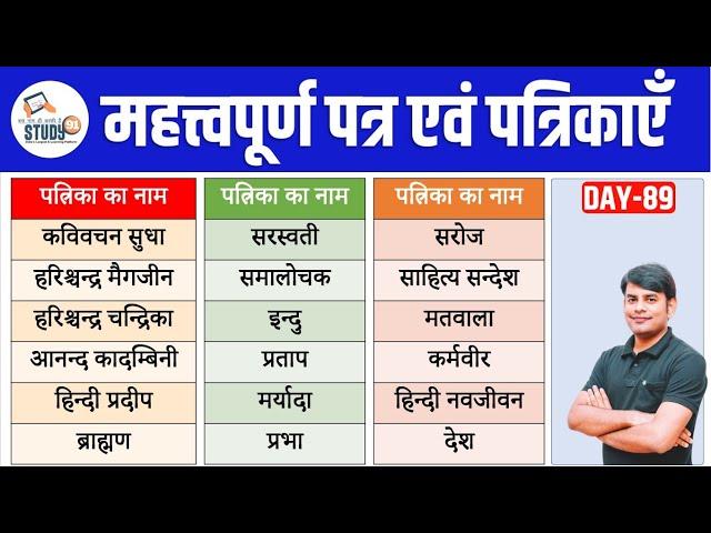 89. Hindi पत्र-पत्रिकाएं | Patra Patrikayen in Hindi | Complete Hindi Practice by Nitin Sir STUDY91