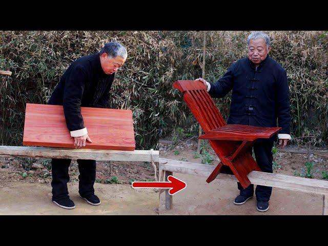 The old man carved a deformable chair out of a big piece of wood, showing his amazing wood wisdom