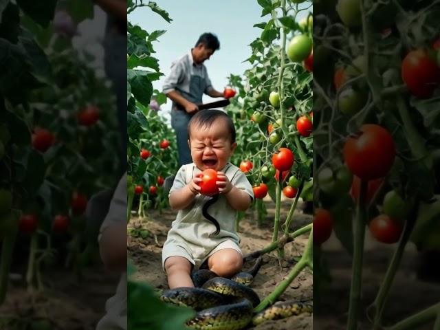 The baby is crying in the tomato field while the parents are doing farm work!