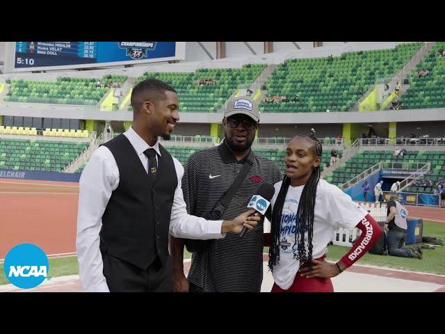 Arkansas' Chris Johnson and Nickisha Pryce react to winning 2024 outdoor track championship