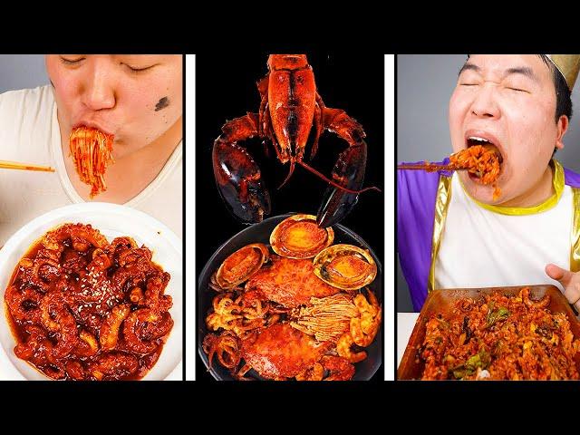 ASMR MUKBANG SPICY SEAFOOD BOIL LOBSTER ENOKI MUSHROOM, NOODLES COOKING & EATING SOUNDS