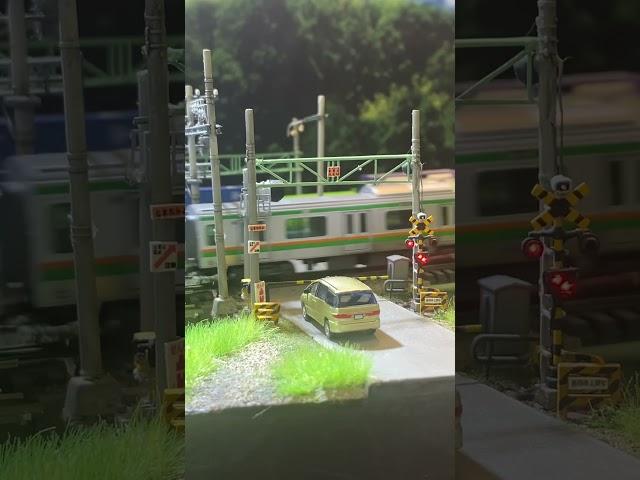 【鉄道模型】動く踏切にお子様ビックリ【Nゲージジオラマ】#鉄道 #貨物列車 #train #踏切  #nゲージ  #鉄道模型 #modelrailroad  #railroadcrossing