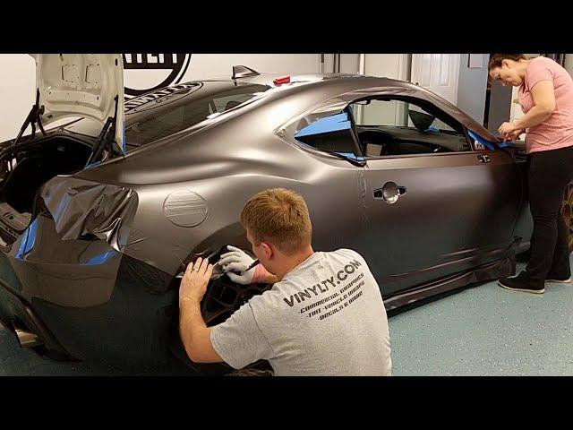 Subaru BRZ Apiller/ "C" section wrapped in 3M Satin Dark Gray vinyl wrap film.