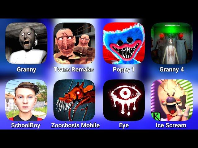 Granny 1, The Twins Remake, Poppy Playtime, Granny 4, School Boy, Zoochosis Mobile, Eye, Ice Scream