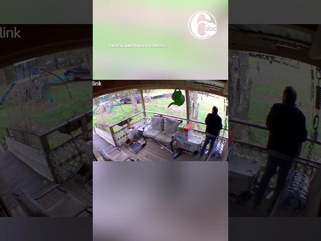 Husband sips coffee on porch as police pursuit tears across his yard