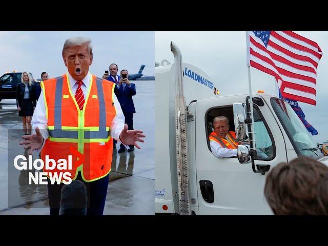 Trump drives MAGA trash truck at rally in response to Biden “garbage” gaffe