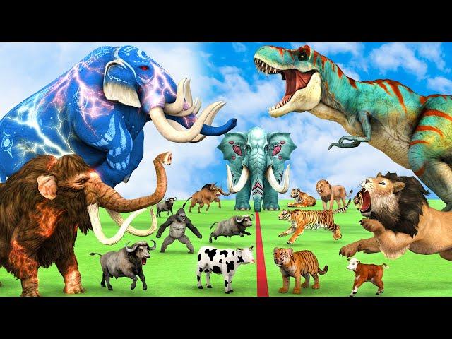 5 Giant Lion Mammoth Elephant Bull vs 10 Giant Tiger Wolf Attack Baby Elephant Cow Saved By Mammoth