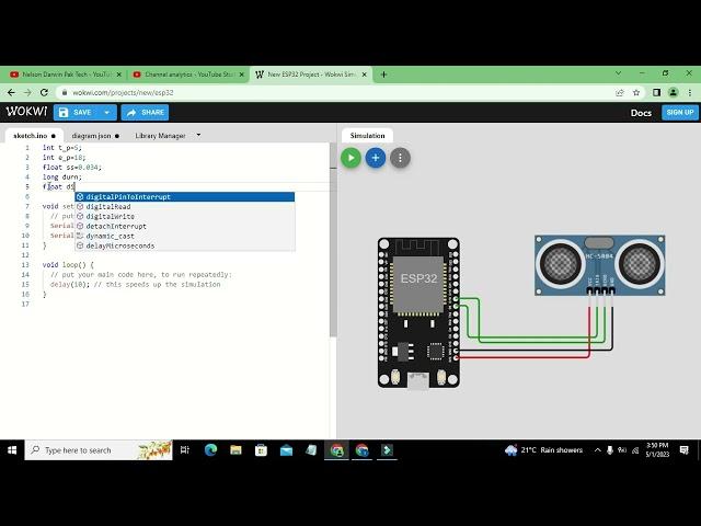 simulation of ultrasonic sensor with esp32 | distance finding circuit simulation in wokwi simulator