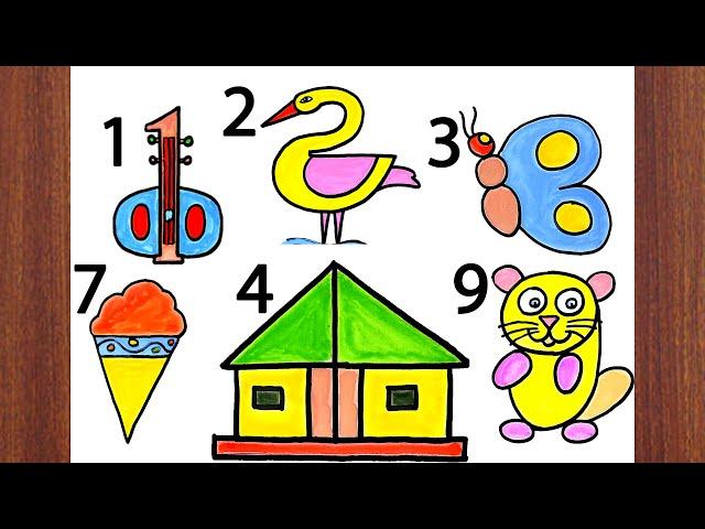 Numbers Drawing 1 to 10 - How to draw pictures using numbers - Simple Drawing Ideas for beginners