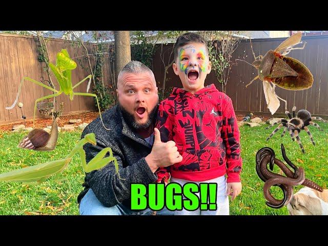 Caleb Goes BUG HUNTING OUTSIDE with DAD! Learn about Bugs and INSECT Facts for kids!