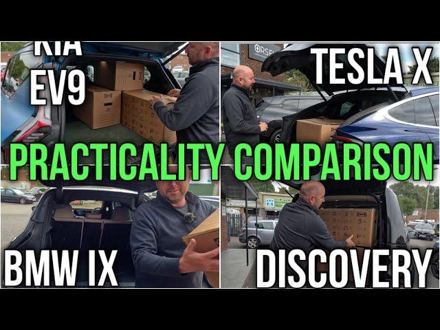 Kia EV9 v Tesla Model X and BMW iX v LandRover Discovery SUV Practicality Box test / comparison.