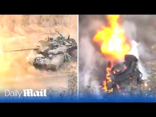 Russian T-90 tank destroyed by Ukraine Anti-Tank Guided Missile near Makiivka