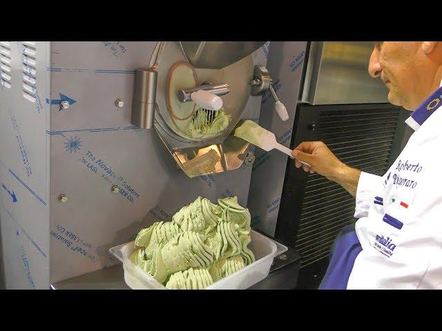 Automatic Machinery Produces Italian "GELATO" Ice Cream, Full Process. Italian Street Food Fair