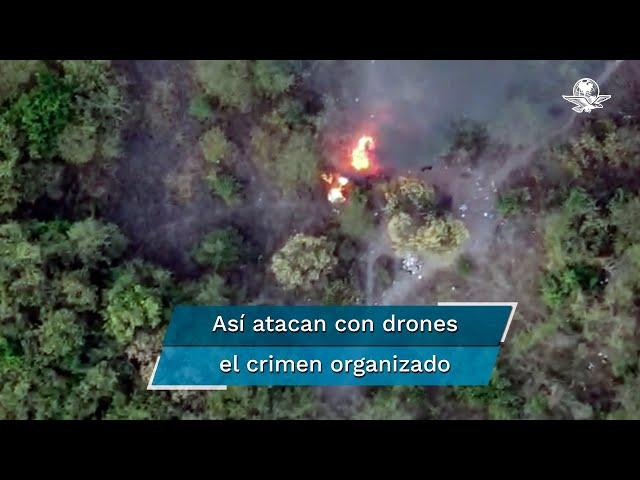 Dron graba momento en que ataca con explosivos un campamento en Tepalcatepec, Michoacán