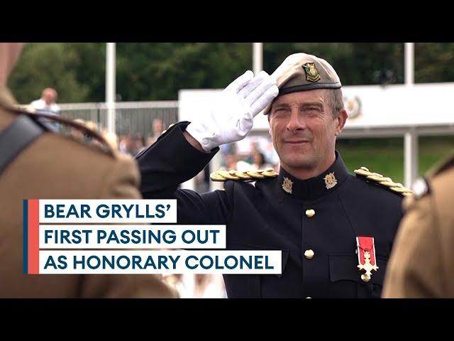 Colonel Bear Grylls proudly inspects passing out parade of junior soldiers