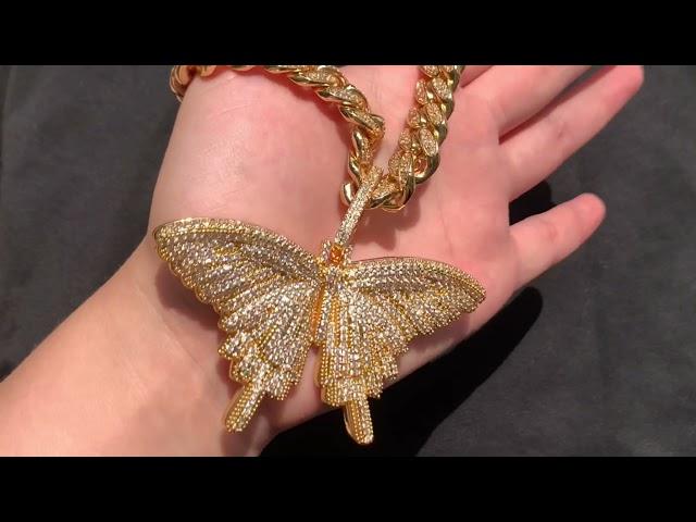 Fashion Bling Pink Butterfly Necklace Big Size Shiny Butterfly Pendant with Cuban Chain