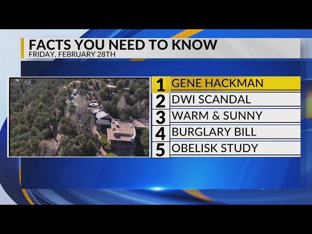 KRQE Newsfeed: Gene Hackman, DWI scandal, Warm and sunny, Burglary bill, Obelisk study