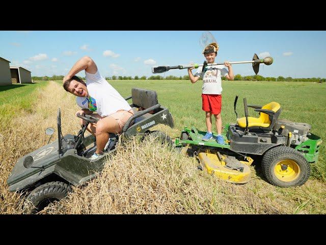 Hudson Saves Kids Truck and Fixes Flat Lawn Mower Tire | Tractors for kids