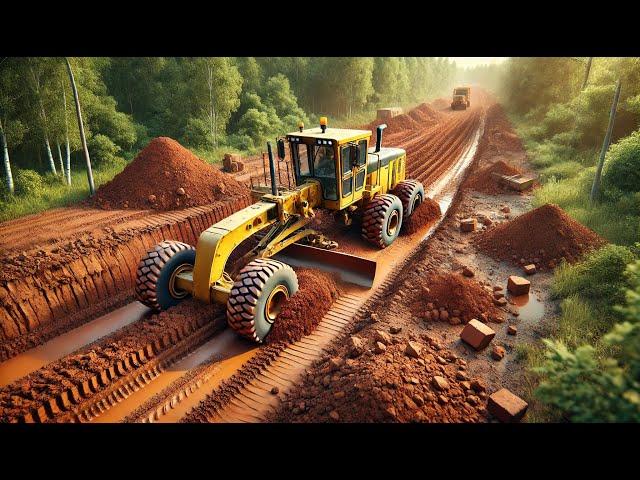 WOW! Awesome road construction equipment, motor grader Komatsu clearing land on a rural road