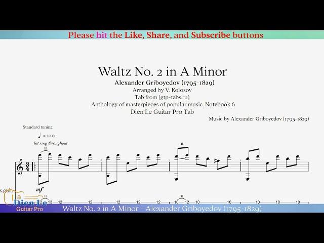 Waltz No. 2 in A Minor - Alexander Griboyedov (1795-1829) arr for Classical Guitar with Tab