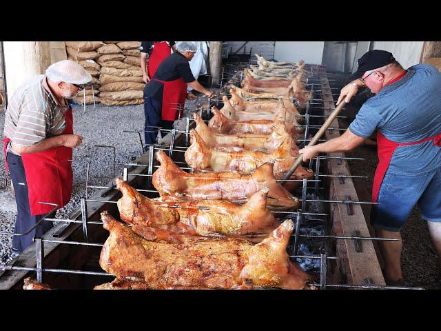 Brazilian feast of roasted whole pig, ribs, shank, shoulder and pork loin on skewers and in the oven