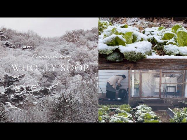 A cozy secluded house in the mountains with the first snow, a self-sufficient life, homemade K-food