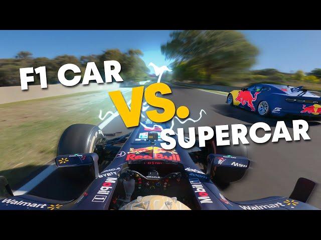 F1 Car vs Supercar at Mount Panorama circuit in Bathurst 