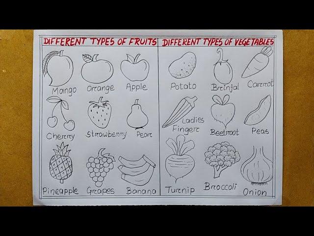 How to draw different types of Fruits and Vegetables drawing| Fruits and Vegetables Charts drawing