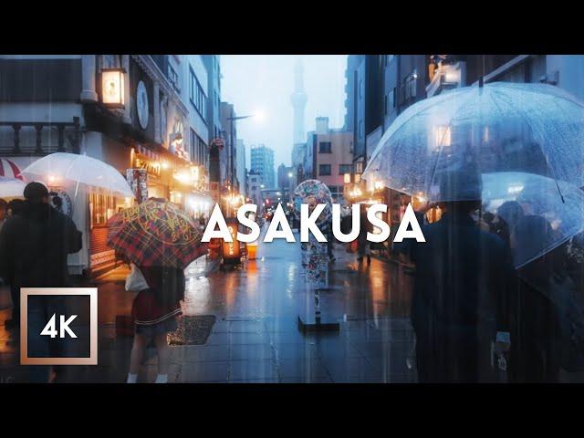 Rainy Evening Walk in Asakusa, Tokyo, Japan, Sensō-ji 4k ASMR