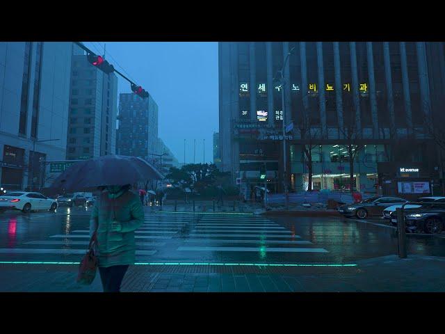 Walking to work in the morning at the raining Cyberpunk Gangnam Seoul | Ambience | Aesthetic | 4K