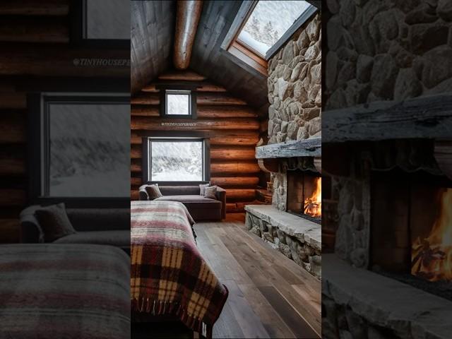 Inviting cabin bedroom with fireplace & snow outside!