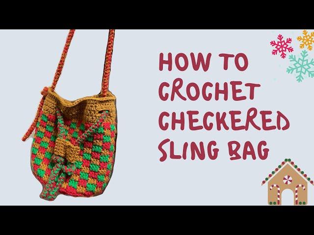 how to crochet a checkered drawstring sling bag