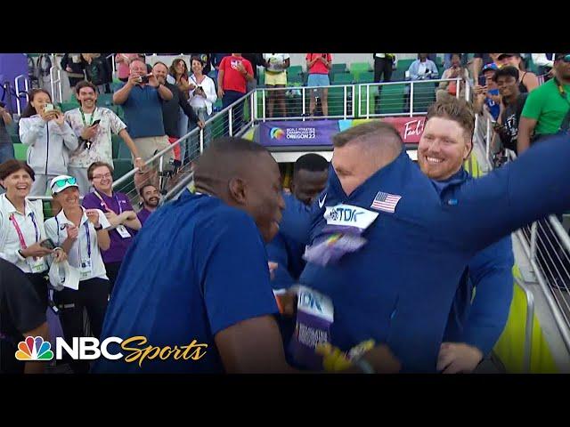 Wardrobe malfunction lights up medal ceremony for U.S. sweep in shot put at Worlds | NBC Sports