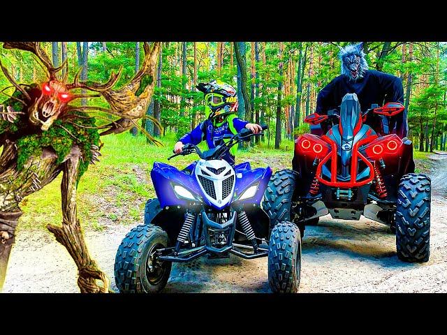 Den ride on Quad Bike and Adventure with Monsters in the forest