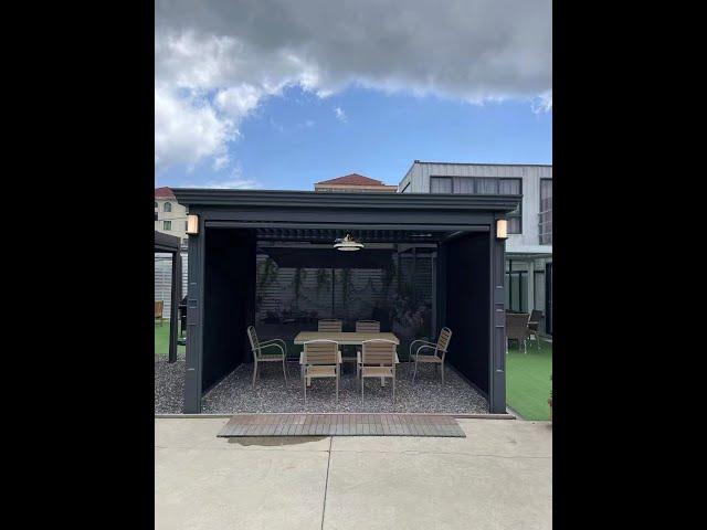 custom-made automatic opening and closing louvered roof pergola  with led and motorized side screen