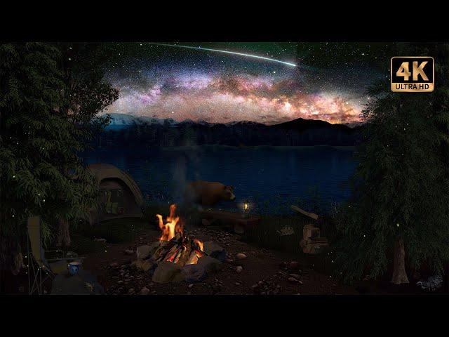 Camping Ambience: Relaxing Campfire Under Milky Way with Shooting Stars & Nature Sounds | 4K ️