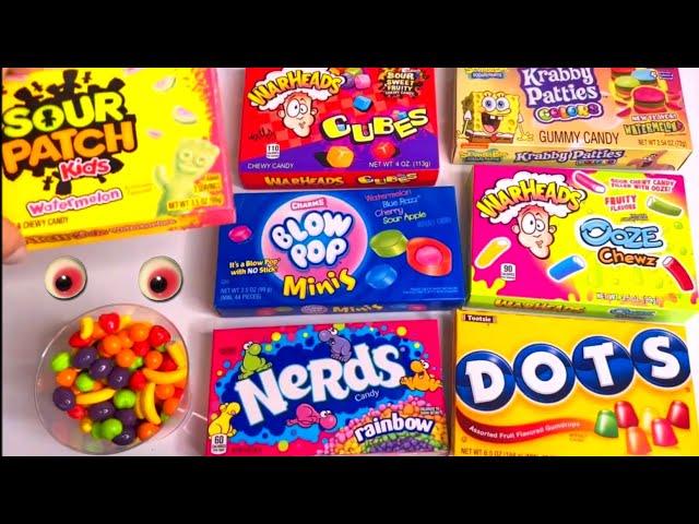 Filling Cups With Candy | Unboxing Candies Nerds Warheads Blow POP Minis Dots Sour Patch kids Runts