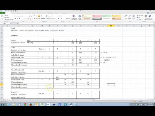 material requirements plan using lot-for-lot ordering on Excel