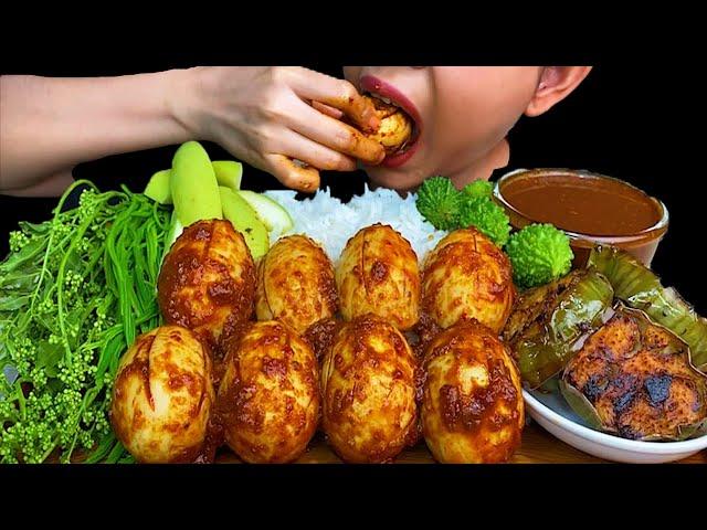 MUKBANG EATING||SPICY BOILED CHICKEN EGG TOMATO CURRY & FRIED EGGPLANT