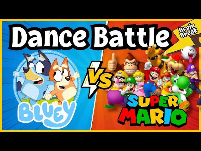 Dance Battle: Bluey VS Super Mario | Brain Break | Just Dance | PE warmup | GoNoodle inspired