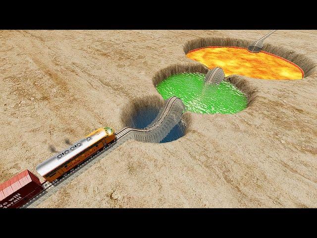 Water and Acid and Lava Pothole Rail Tracks VS Trains - BeamNG.Drive