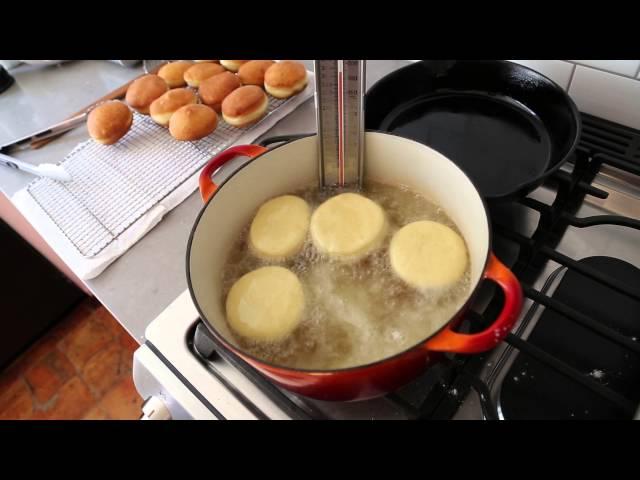 Frying Strawberry Jam-Filled Jelly Donuts (Sufganiyot) for Hanukkah