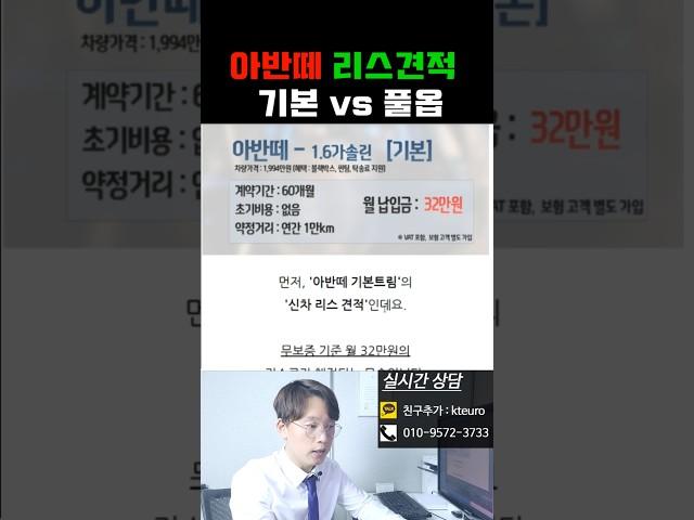 아반떼 신차 리스 기본 vs 풀옵션 월 대여료 가격비교 해보기