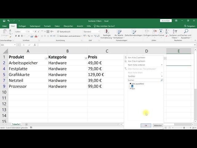 Sortieren und Filtern – Excel-Tutorial