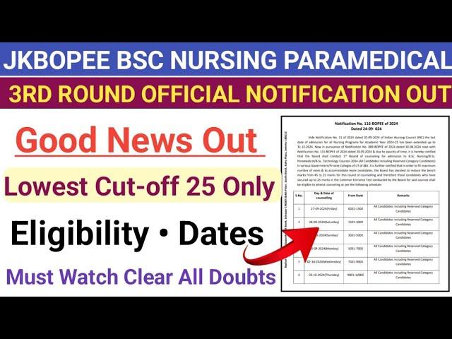 JKBOPEE Bsc Nursing 3rd Round Dates Out | Lowest Cutoff  | Good News | Eligibility All Doubts Clear